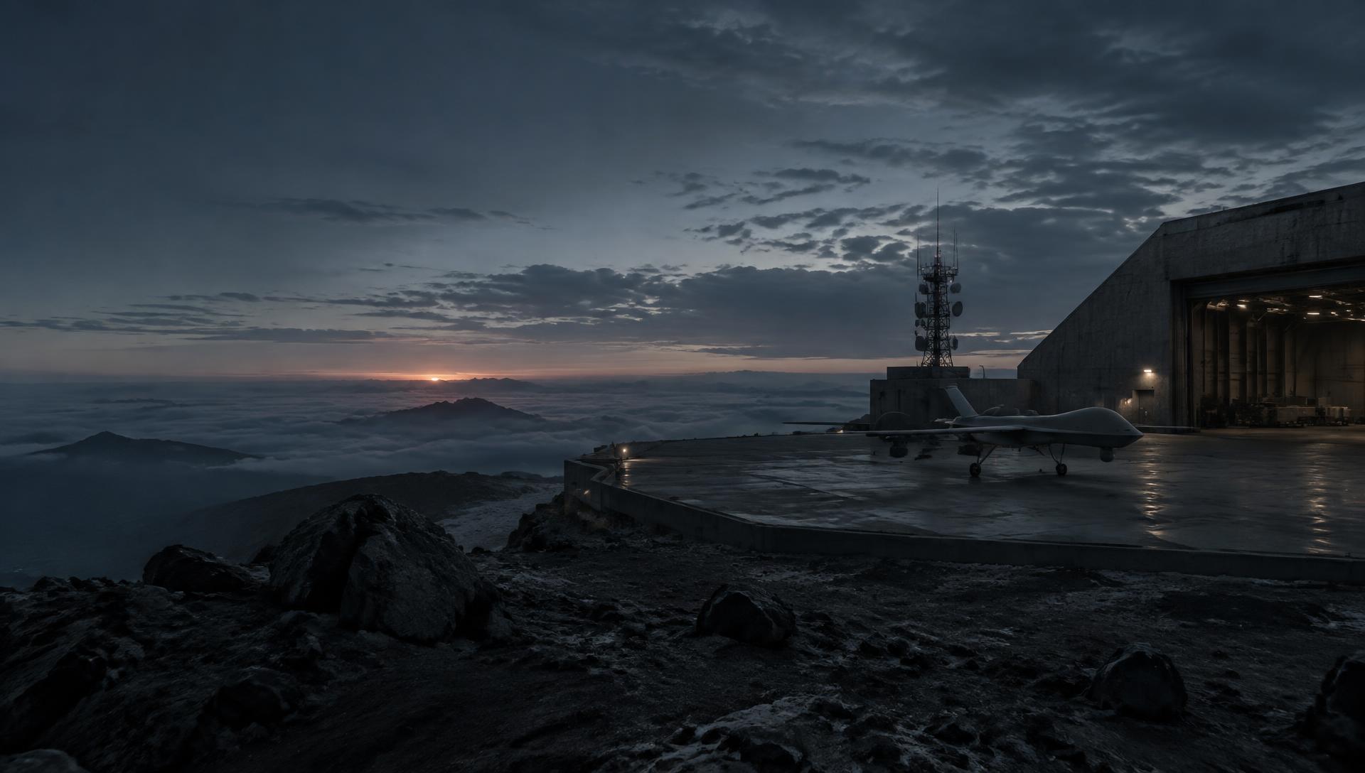 Strategic engineering facility at dawn with an unmanned aircraft on the apron